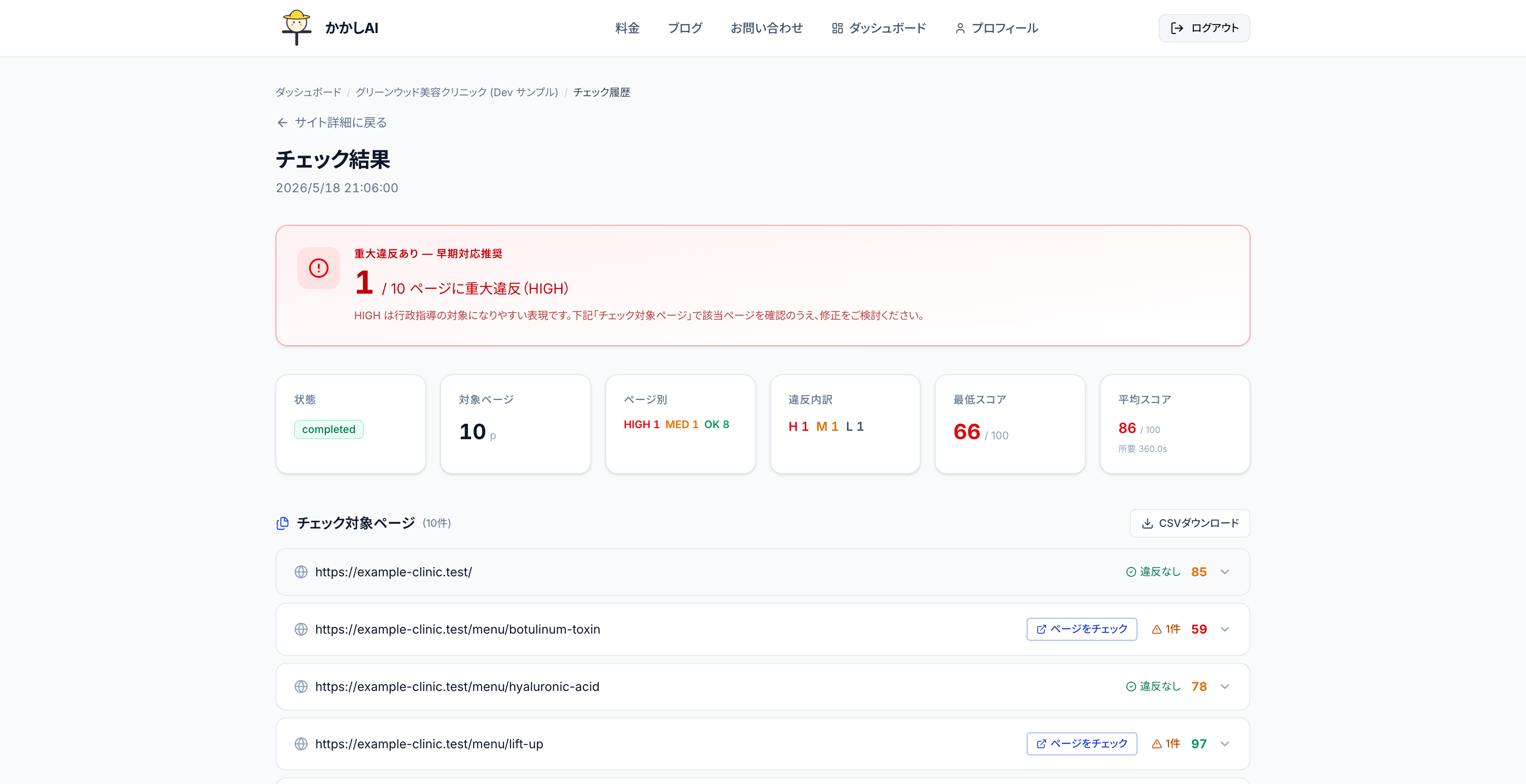 チェック結果画面 — ページごとの違反リスク件数・スコアと詳細の一覧